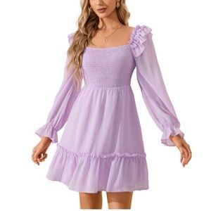 Women's Square Neck Lantern Long Sleeve Babydoll Summer Wedding Guest Dress  XL